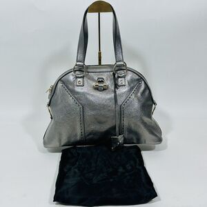 SAINT LAURENT YSL Muse Large Tote Bag Leather Metallic Gray Silver